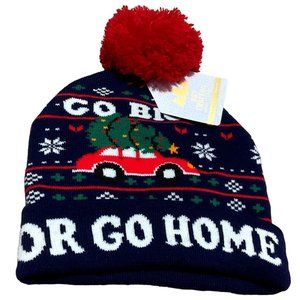 NWT CHRISTMAS GO BIG OR GO HOME BEANIE POM POM WINTER SZ ONE SIZE ADULTS